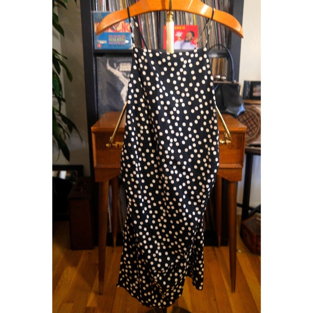 H&M Polka Dot Dress Women L Black Linen Cross Back Midi Minimalist Timeless